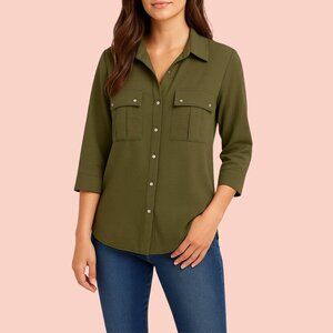 Calvin Klein Women’s Utility Pocket Button-Up Blouse – Olive Green – Size L